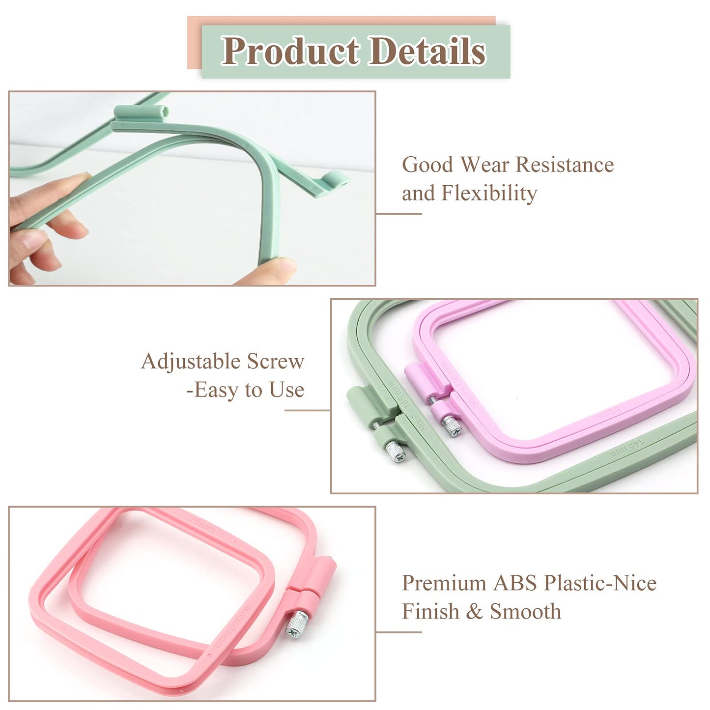 ZOCONE 5Pcs 5 Size Square Embroidery Hoops, ABS Plastic Embroidery Hoops Cross Stitch Hoops Embroidery Frames for Sewing, Needlework, Embroidery Projects (Size-3", 4.3", 6.5", 8.7", 11")