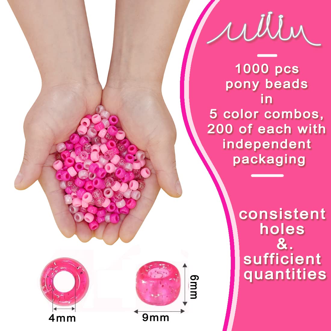 MIIIM 1000PCS 6x9mm Pony Beads Bulk, 5 Styles Pink Pony Beads for Bracelets Making Kit, Kandi, Hair Braids Crafts for Jewelry Making (Pink)