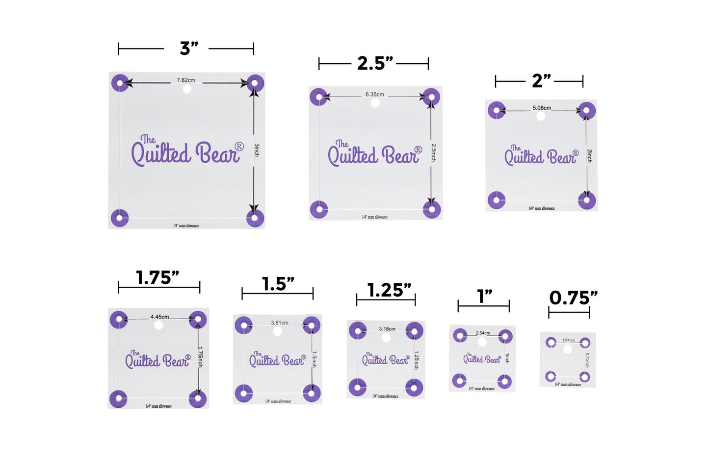 The Quilted Bear Square Quilting Templates – 8 Clear Non-Slip Acrylic Quilt Templates for Precise Fabric Cutting & Stress-Free Machine Quilting - Ideal for Quilt & Sewing Supplies (¾–3")