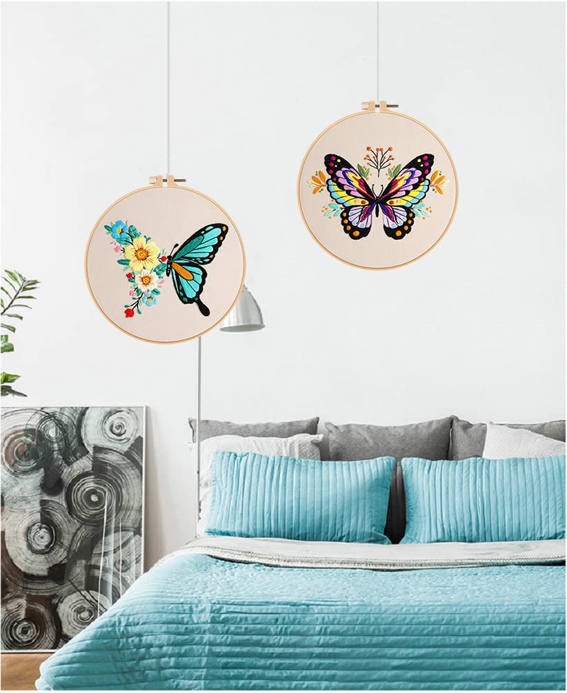 Konrisa Embroidery Kits with Butterfly Flower Pattern, Stamped Embroidery Starter Kit for Beginners Adults Needlepoint Kits Include Embroidery Fabric Embroidery Hoop Threads and Needles,Set of 2