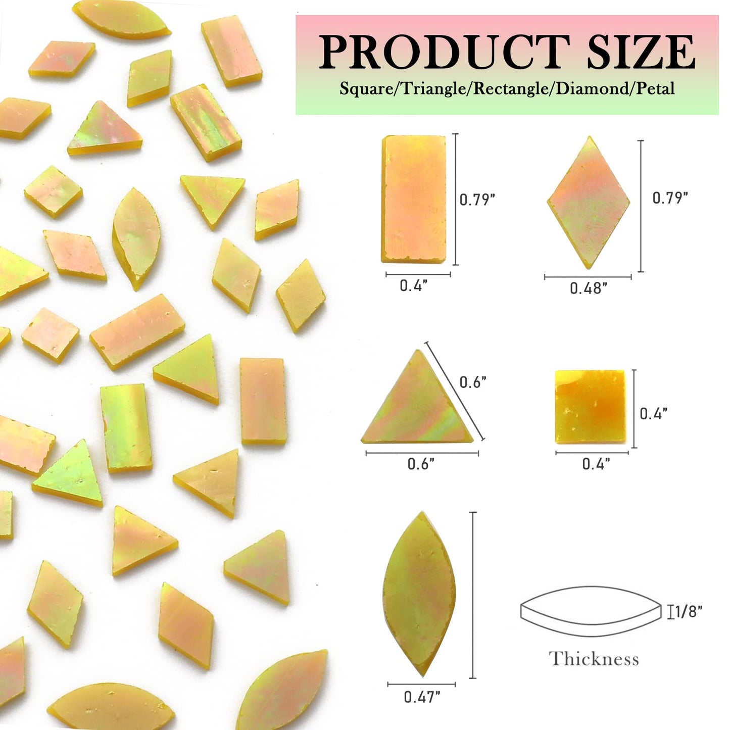 LITMIND Iridescent Glass Mosaic Tiles for Crafts, 240 Pieces 5 Shapes Mixed Yellow Stained Glass Pieces, Mosaic Kits for Adults (Iridescent Yellow)