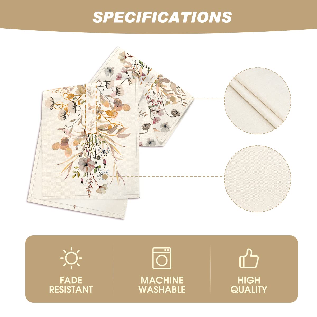 Wildflower Leaves Floral Fall Table Runner, Autumn Thanksgiving Kitchen Dining Table Decoration for Indoor Outdoor Home Party 13x72 Inch