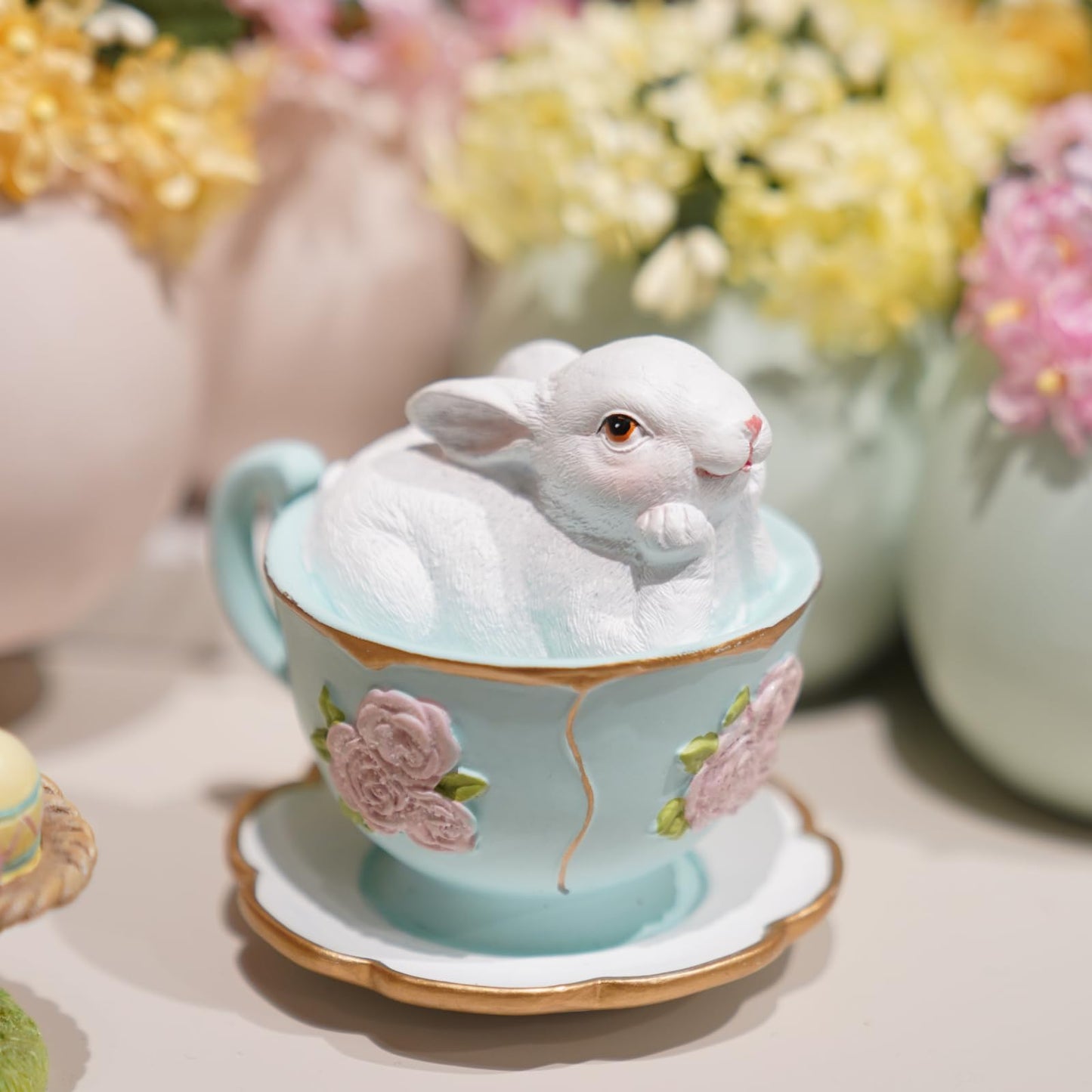 Easter Bunny Decorations Rabbit-Figurine Easter-Gift - Spring Bunny Statues Table Centerpieces Rabbits in Blue Cup Rabbits Sulpture for Indoor Home Farmhouse Decor 3.25*2.75*3 inch Newman House Studio