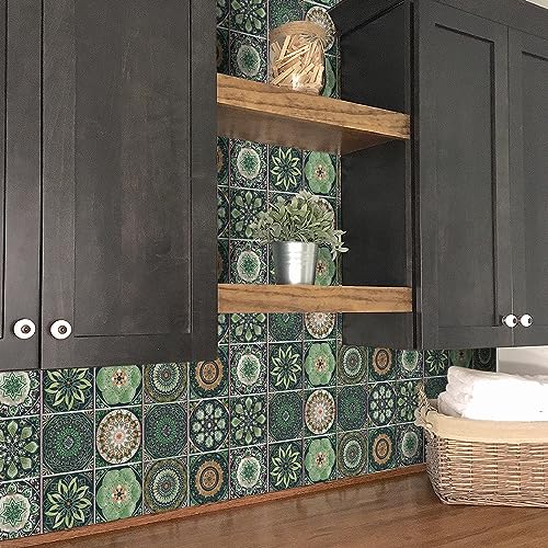 Adreamer90 Mandala Moroccan Wallpaper Tile Stickers 5.91 * 5.91 in Peel and Stick,Removable Talavera Decor 2D Wall Tile Decals for Kitchen Bathroom Laundry Stair Fireplace Art Decor Tiles