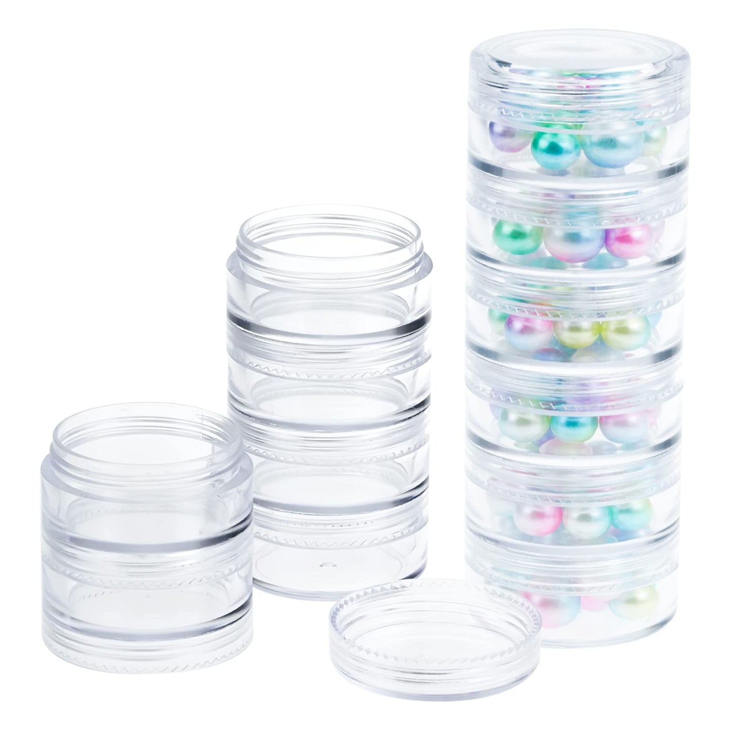 Fengek 6 Sets 6 Layer Stackable Plastic Containers, 10G/10ML Clear Cosmetic Storage Box Round Organizer Jars for Beads, Buttons, Small Jewelry Findings