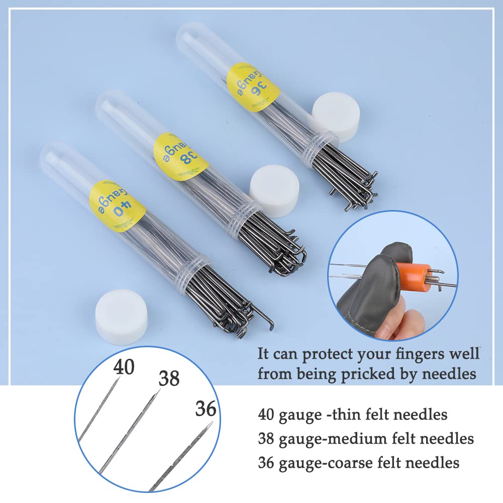 128 Pcs Needle Felting Needles Needle Felting Tool 3 Size Felting Kit Needles with Wooden Handle Holder Finger Cot for DIY Wool Feltings Projects