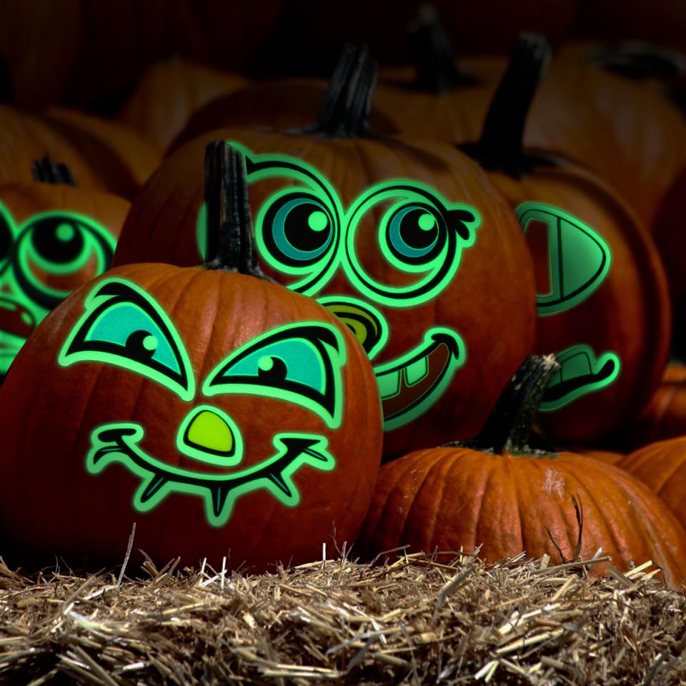 Glowing Pumpkin Decorating Kits Stickers, Halloween Decorations Crafts, Wall Stickers for Autumn Party Favors - 24 Sets