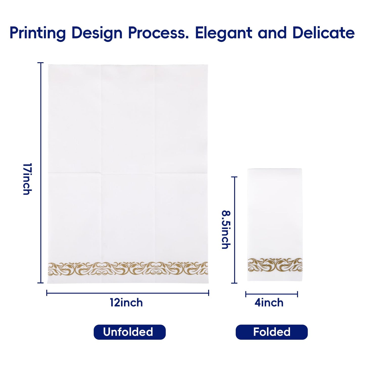 JOLLY CHEF 100 Disposable Hand Towels, Soft and Absorbent Linen Feel Dinner Napkin, Elegant Decorative Paper Guest Towels for Kitchen, Bathroom,Weddings,Parties, Gold and White