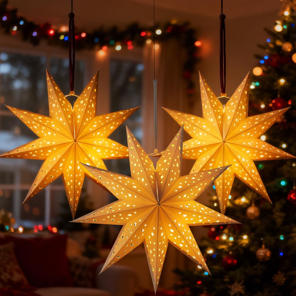 OSALADI 3Pcs Paper Star Lantern Lampshade 9 Pointed Star Hanging Decorations for Christmas New Year Wedding Party Holiday Birthday, 13.78 x 13.78 x 5.12 Inch