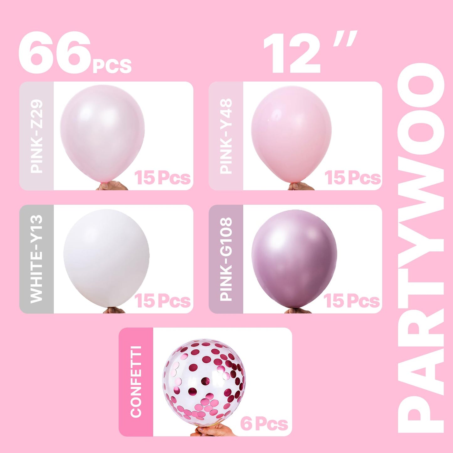 PartyWoo Pink and White Balloons 66pcs 12 Inch Light Pastel Baby Metallic Pearl Pink Matte White Confetti Balloons for Gender Reveal Wedding Bridal Girl Baby Shower Princess Birthday Party Decorations