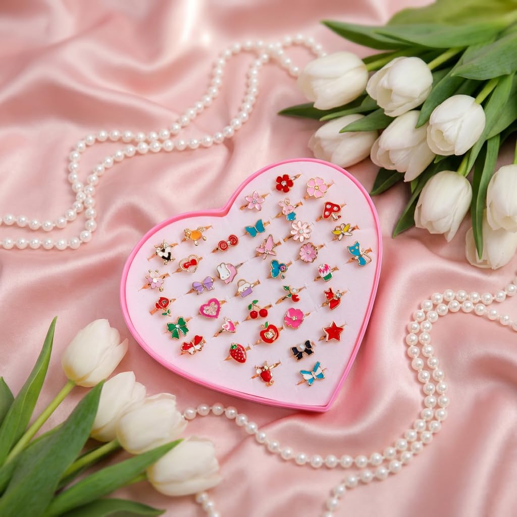 PASEMM 36pcs Little Girl Alloy Jewelry Rings, Adjustable, No Duplication Kids Play Ring in Box,Pretend and Dress Up Rings for 4-12 Year Old Girls Birthday Holiday Gifts, 4 5 6 7 8 9 10 11 12 Year Old Girl Toys for Kids