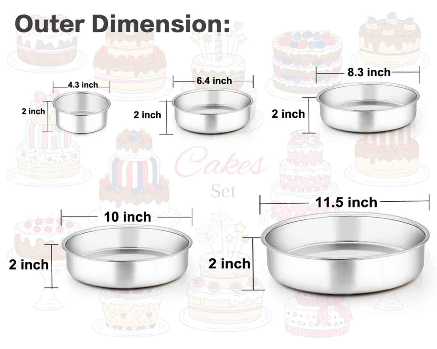 TeamFar Cake Pan, 4’’ - 6’’ - 8’’ - 9½’’ - 11’’, Stainless Steel Round Baking Tier Smash Cake Pans Set, Healthy & Heavy Duty, Mirror Finish & Dishwasher Safe - Set of 5