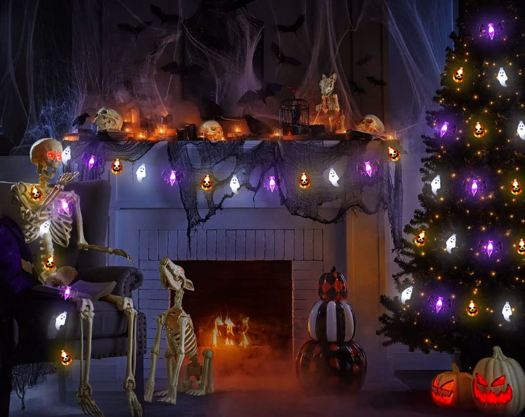 Halloween Lights, 16FT 30 LED Waterproof 3D Pumpkin Bat Ghost Battery Operated String Lights with Timer - 8 Lighting Modes Fairy Light for Window Indoor Outdoor Decor Halloween Party Decorations