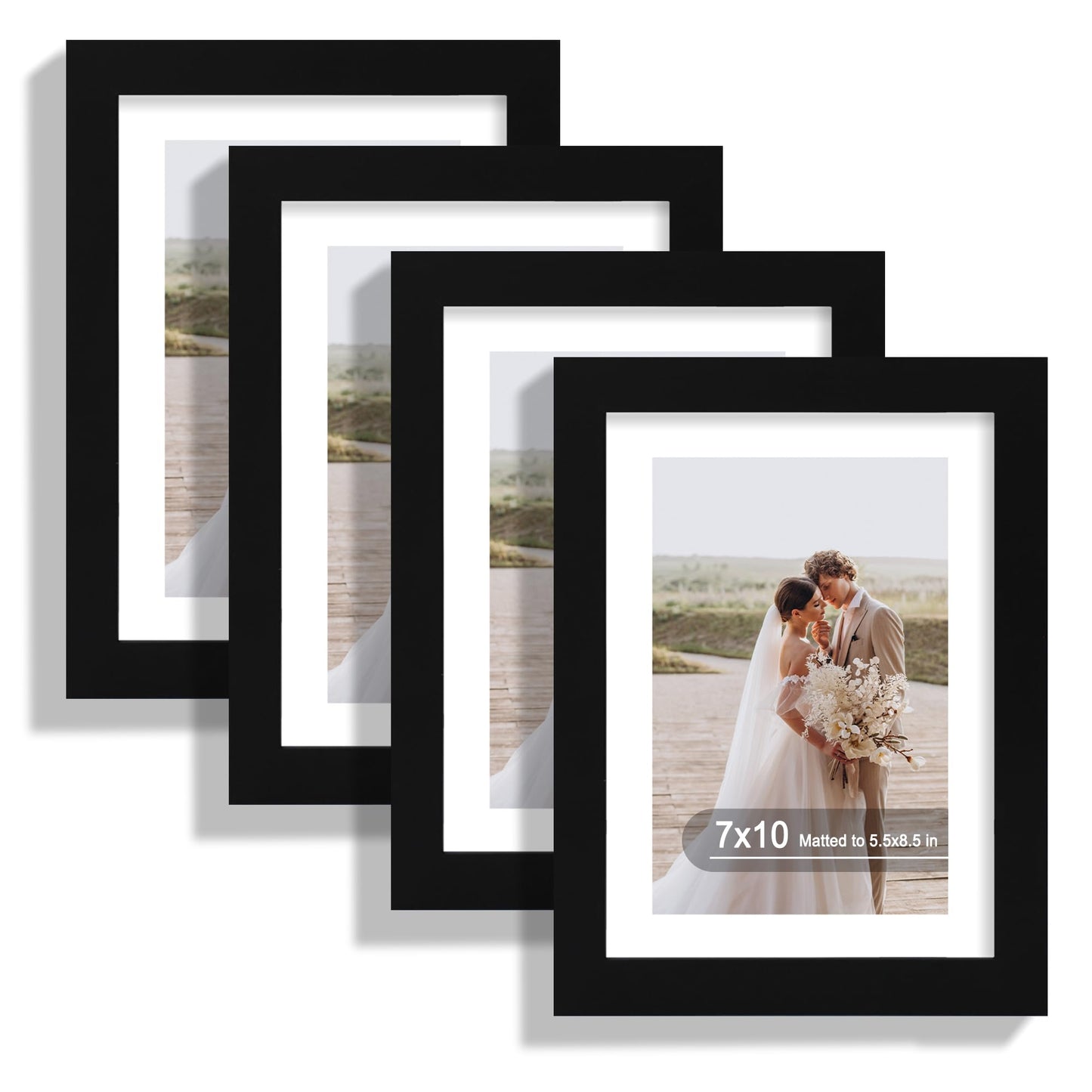 Hongkee 7x10 Picture Frame Set of 4, Made of Real Glass and Black Frame - Display 5.5 x 8.5 Diploma Frame with Mat or 7x10 Without Mat, 7 by 10 Photo for Wall or Tabletop