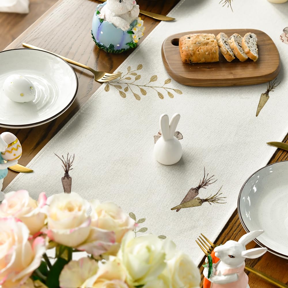 Carrots Rabbit Bunny Happy Easter Table Runner, Spring Summer Seasonal Holiday Kitchen Dining Table Decoration for Indoor Outdoor Home Party Decor 13 x 36 Inch