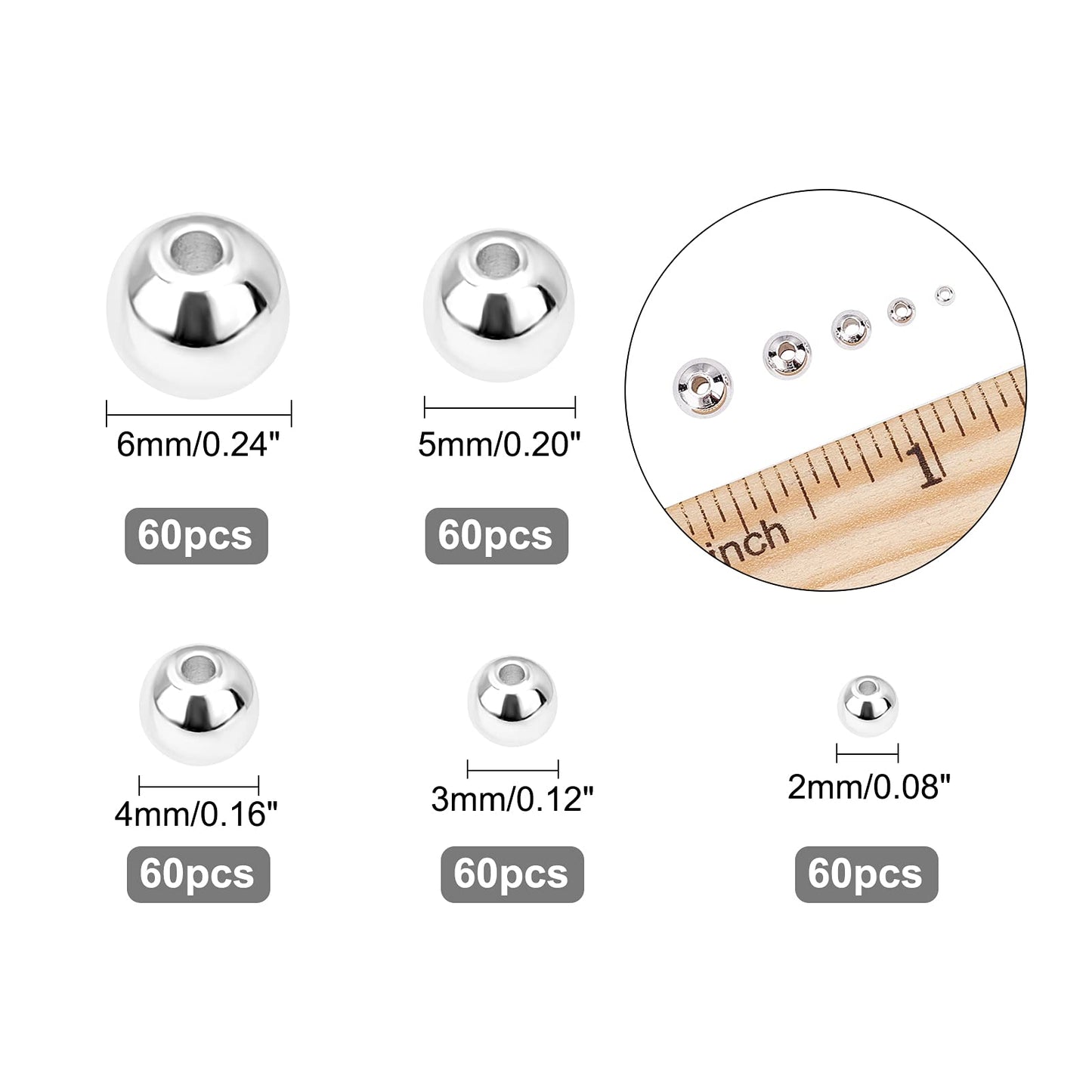 5 Sizes Smooth Round Beads, 300pcs 14K Silver Plated Beads Little Round Beads Seamless Ball Beads Long-Lasting Spacers for Hawaii Layered Bracelet Necklace Jewelry DIY Crafts 2/3/4/5/6mm