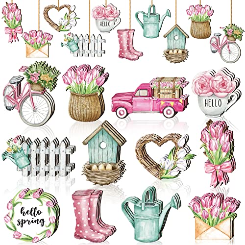 36 Pcs Spring Flower Wooden Ornaments Sunflower Tulip Lavender Tree Decoration Floral Gnome Hanging Wood Cutout Pastel Spring Decor for Home Small Tree Party(Sweet Spring)