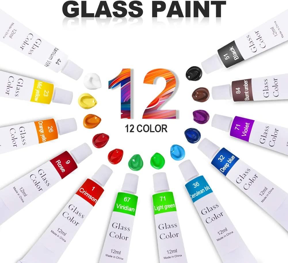 Magicdo Stained Glass Paint Kit with Palette,Transparent Glass Window Paint Acrylic Paint Set Great for Wine Bottle, Light Bulbs, Ceramic (12 Colors x 12ml)