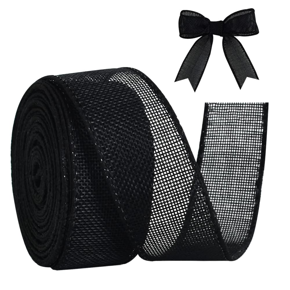TONIFUL Burlap Black Wired Ribbon, 1 1/2 inch 10 Yard Jute Ribbon for Decoration Bows Tree Toppers Ribbons Craft Gift Wrapping Wreath Sewing, for Christmas Wreath Decor