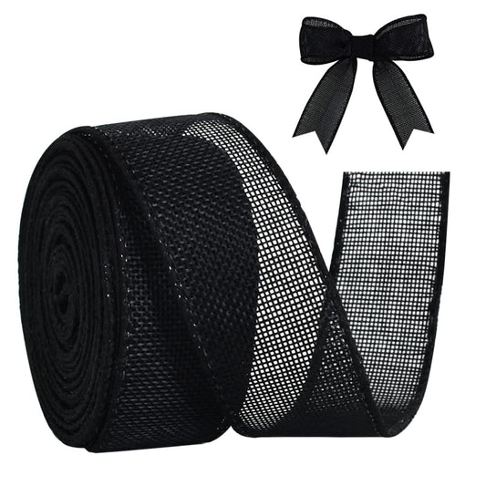 TONIFUL Burlap Black Wired Ribbon, 1 1/2 inch 10 Yard Jute Ribbon for Decoration Bows Tree Toppers Ribbons Craft Gift Wrapping Wreath Sewing, for Christmas Wreath Decor