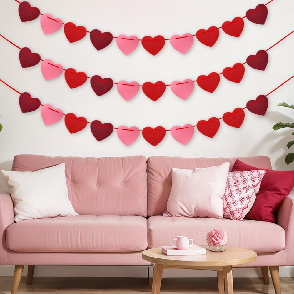 Valentines Day Decorations, Pre-Strung Felt Heart Garland for Mantle, Wall, Party Decorations, Hanging Hearts Decorations for Valentines Day Decor - 6 Strips of Valentine's Day Banner