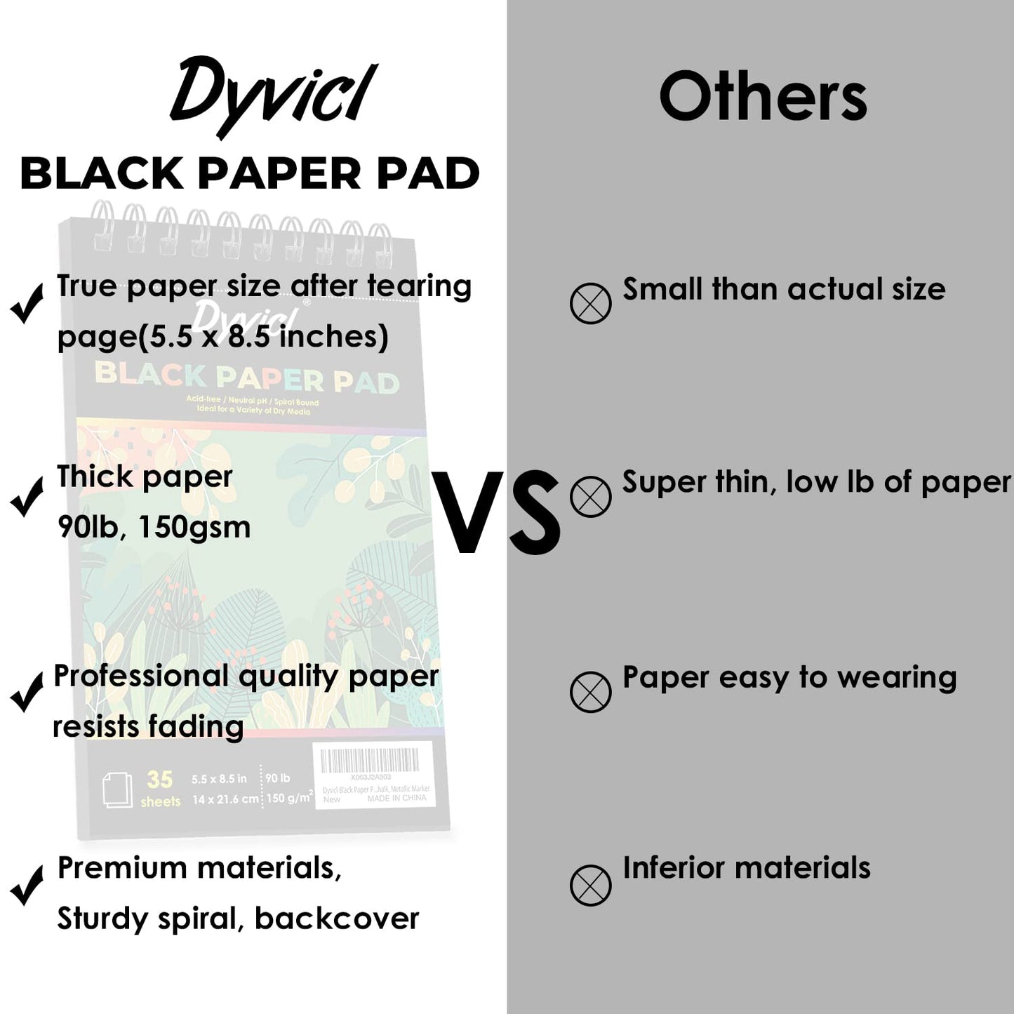 Dyvicl Black Paper Pad 5.5"x8.5" Sketch Book, 35 Sheets (90 lb/150gsm), Spiral Black Sketchbook Drawing Paper for Pencil, Pastel, White Ink Gel Pen, Charcoal, Chalk, Metallic Marker, Paint Pen