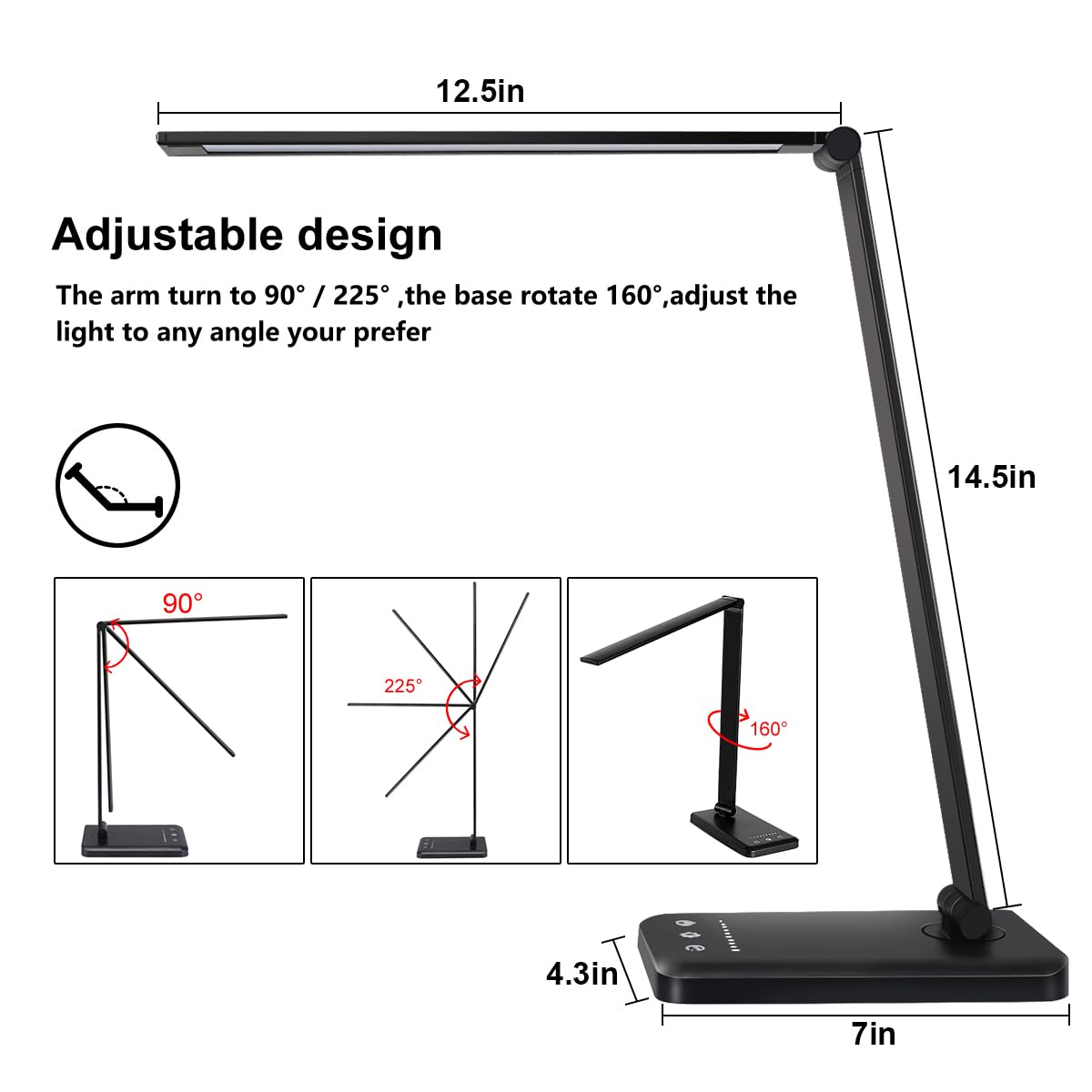 White crown LED Desk Lamp Dimmable Table Lamp Reading Lamp with USB Charging Port, 5 Lighting Modes, Sensitive Control, 30/60 Minutes Timer (Black, First-Generation)