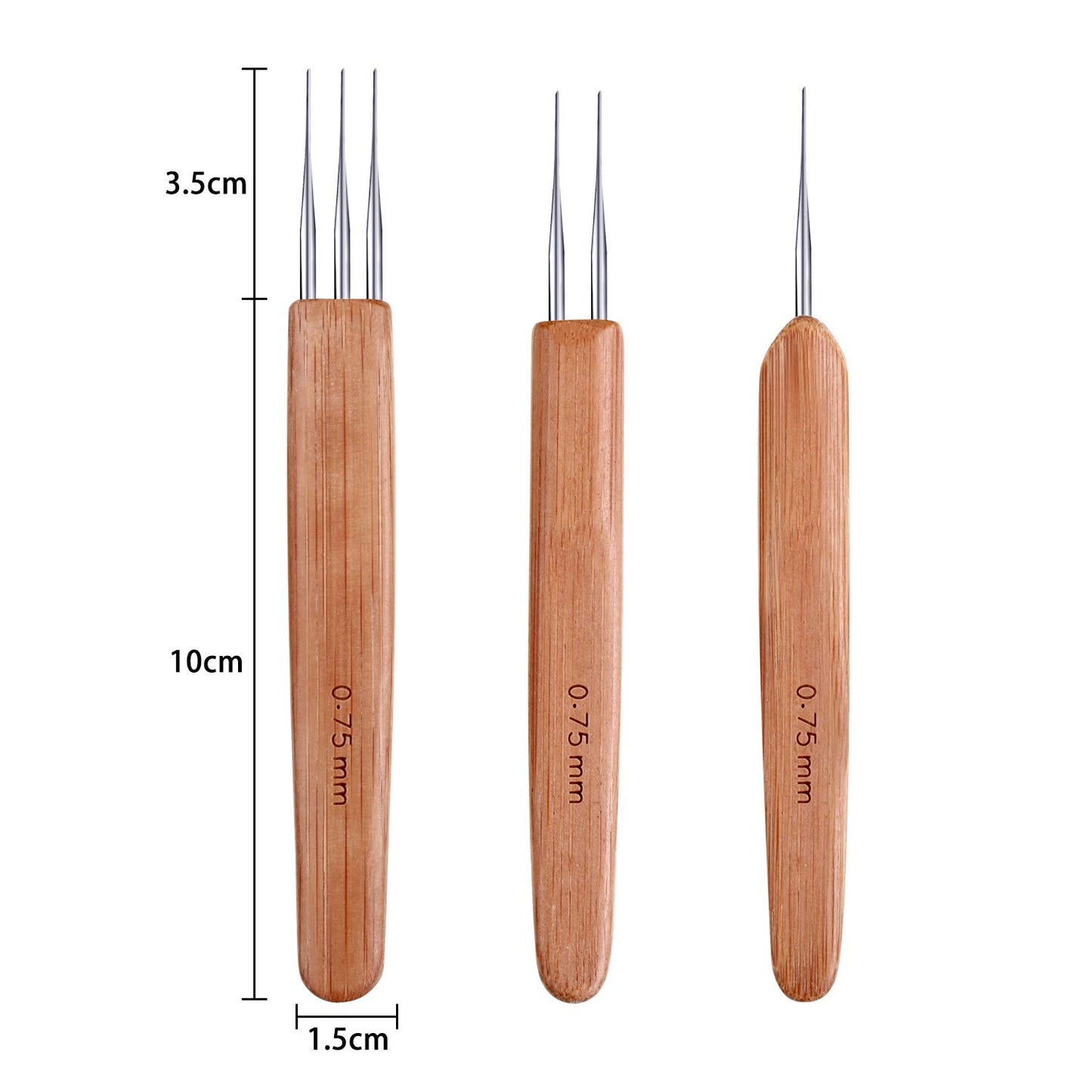 Zonon 3 Pieces 0.75 mm Dreadlock Crochet Hook Bamboo Needle Weaving Crochet, Include 1 Hook, 2 Hooks, 3 Hooks for Dreadlock Supplies