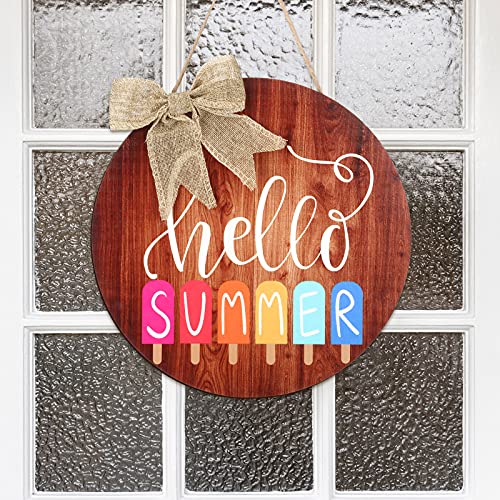Hello Summer Sign 12 x 12 Inch Summer Welcome Sign Front Door Decor Farmhouse Porch Decoration Round Wooden Hanging Sign for Home Beach Restaurant Shop