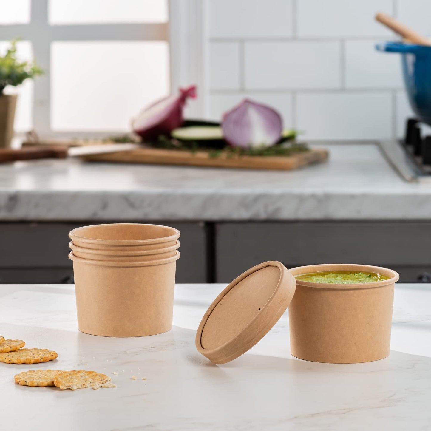 [12 oz. - 25 Count Kraft Paper Food Containers with Vented Lids - To Go Hot Soup Bowls, Disposable Ice Cream Cups, Ideal for Hot and Cold Foods - (Formerly Comfy Package)