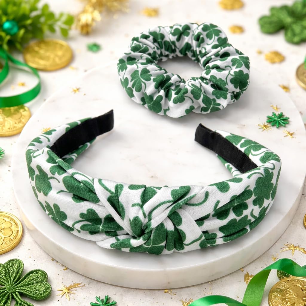 Green Clover Headband & Scrunchie Set – Shamrock Hair Accessories for Women & Girls, St. Patrick’s Day Style