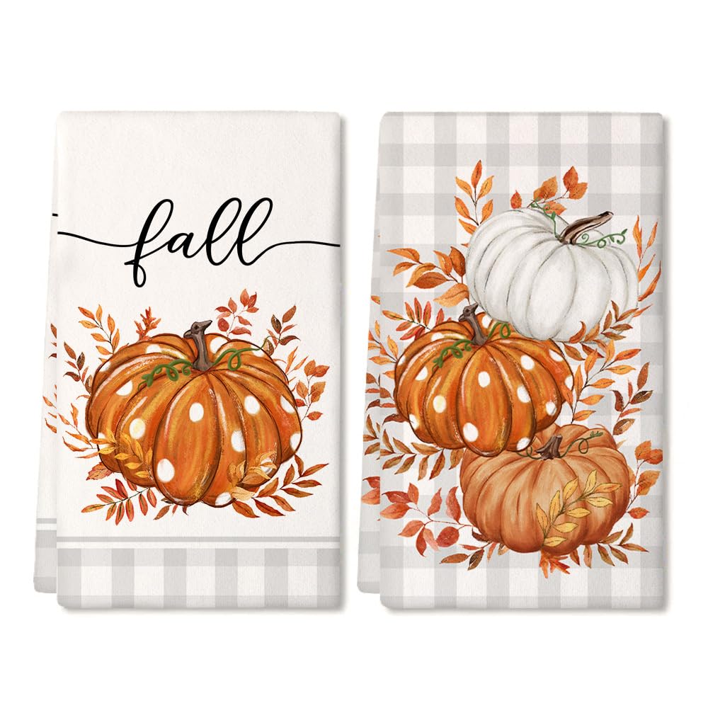 Fall Kitchen Towels Set of 2,Orange Pumpkin Grey Buffalo Check Autumn Dish Towels 18x26 Inch Drying Dishcloth,Farmhouse Home Decoration AD118