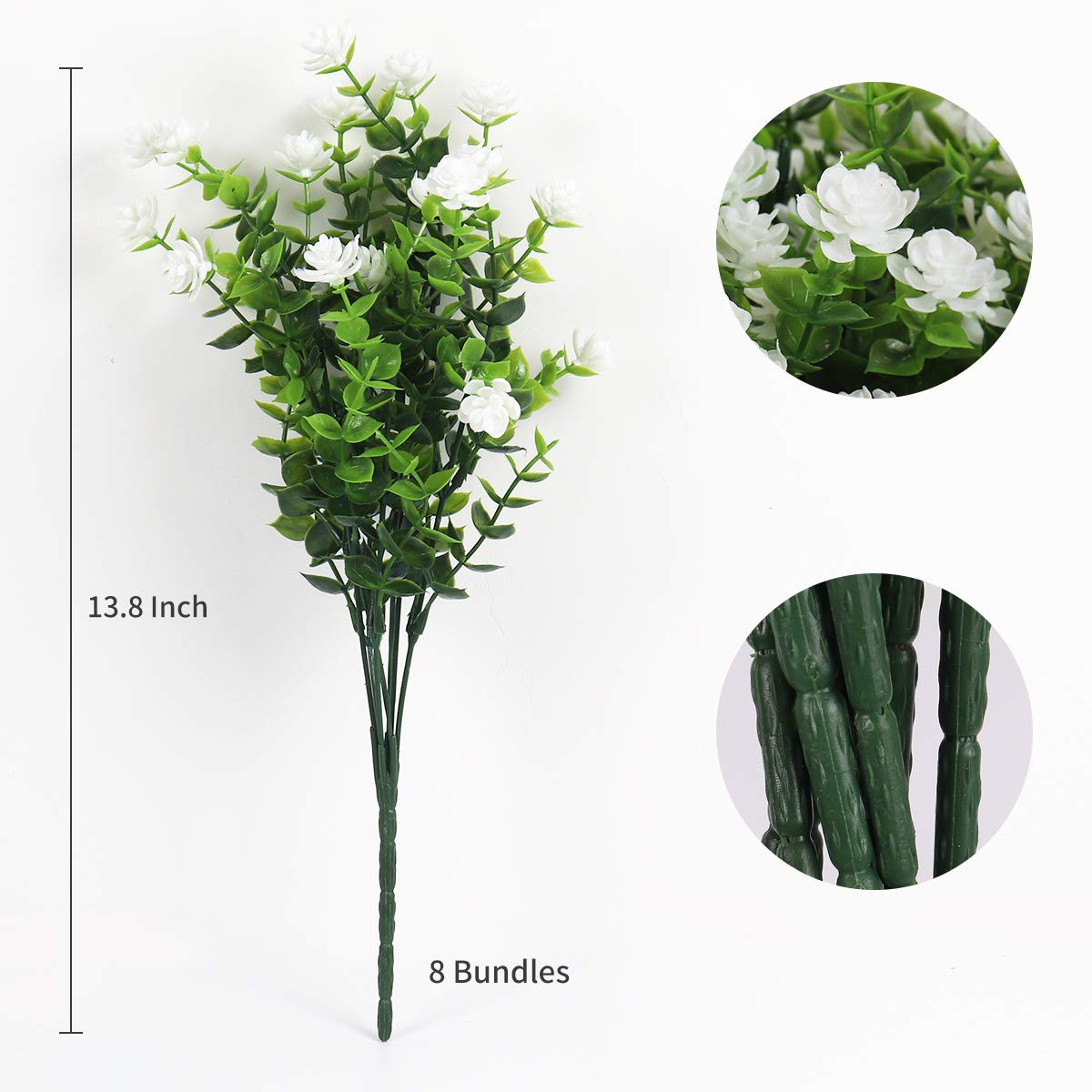 RECUTMS Artificial Flowers, Fake Boxwood Outdoor UV Resistant Plants Artificial Springs Flowers Eucalyptus Greenery Shrubs Bridal Wedding Bouquet for Home Garden Party Wedding Decoration(White)
