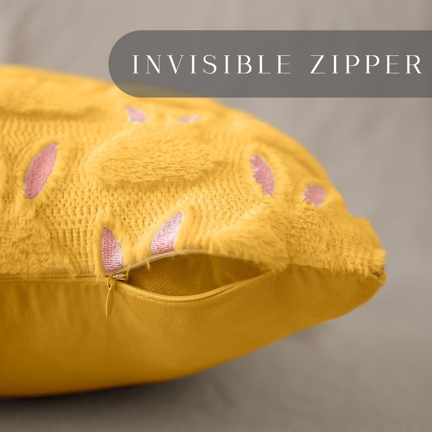 Easter Pillow Covers 18x18 inch Set of 2 Easter Decorations Pink Ears Yellow Rabbit Soft Plush Faux Fur Jacquard Throw Pillows for Bedroom Sofa Holiday Festivals Home Decor FHJ-17D18