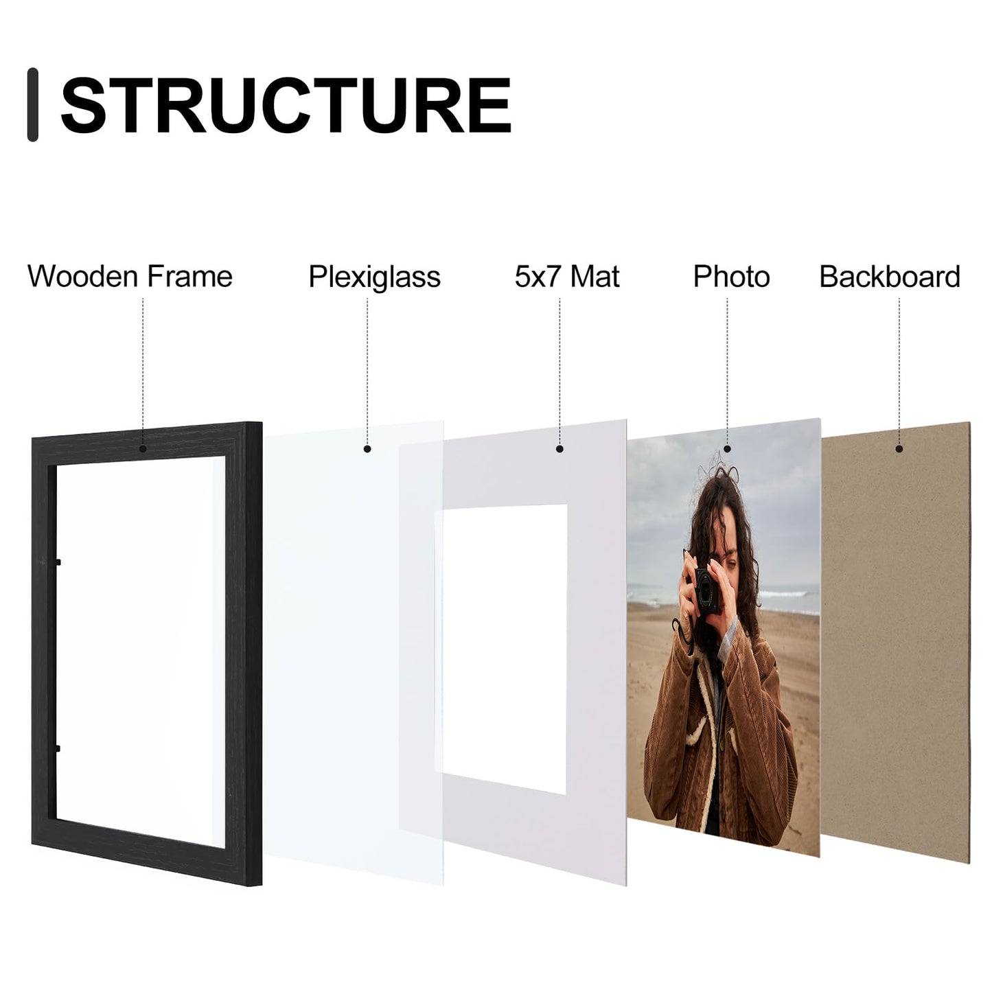 Vittanly 8x10 Picture Frames Set of 9, Shatter Resistant Plexiglass, Display 5x7 Pictures with Mat or 8x10 without Mat, Photo Frames for Wall or Tabletop, Engineered Wood, Black