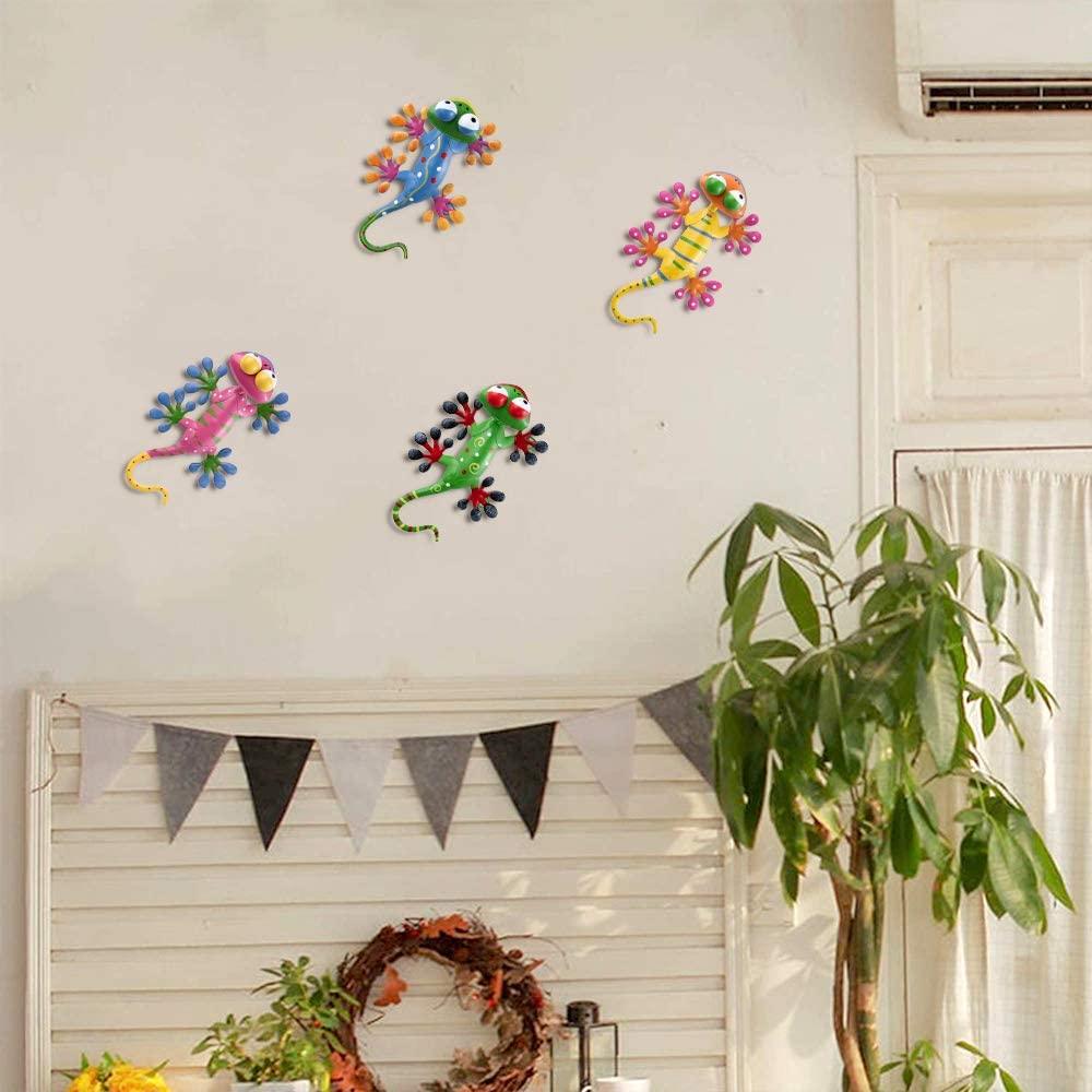 YEAHOME 6 Pack Metal Geckos Inspirational Wall Art, Mexican Outdoor Wall Decor with Shaking Head, Lizard Wall Sculptures & Statues for Farmhouse, Porch, Patio, Lawn, Fence