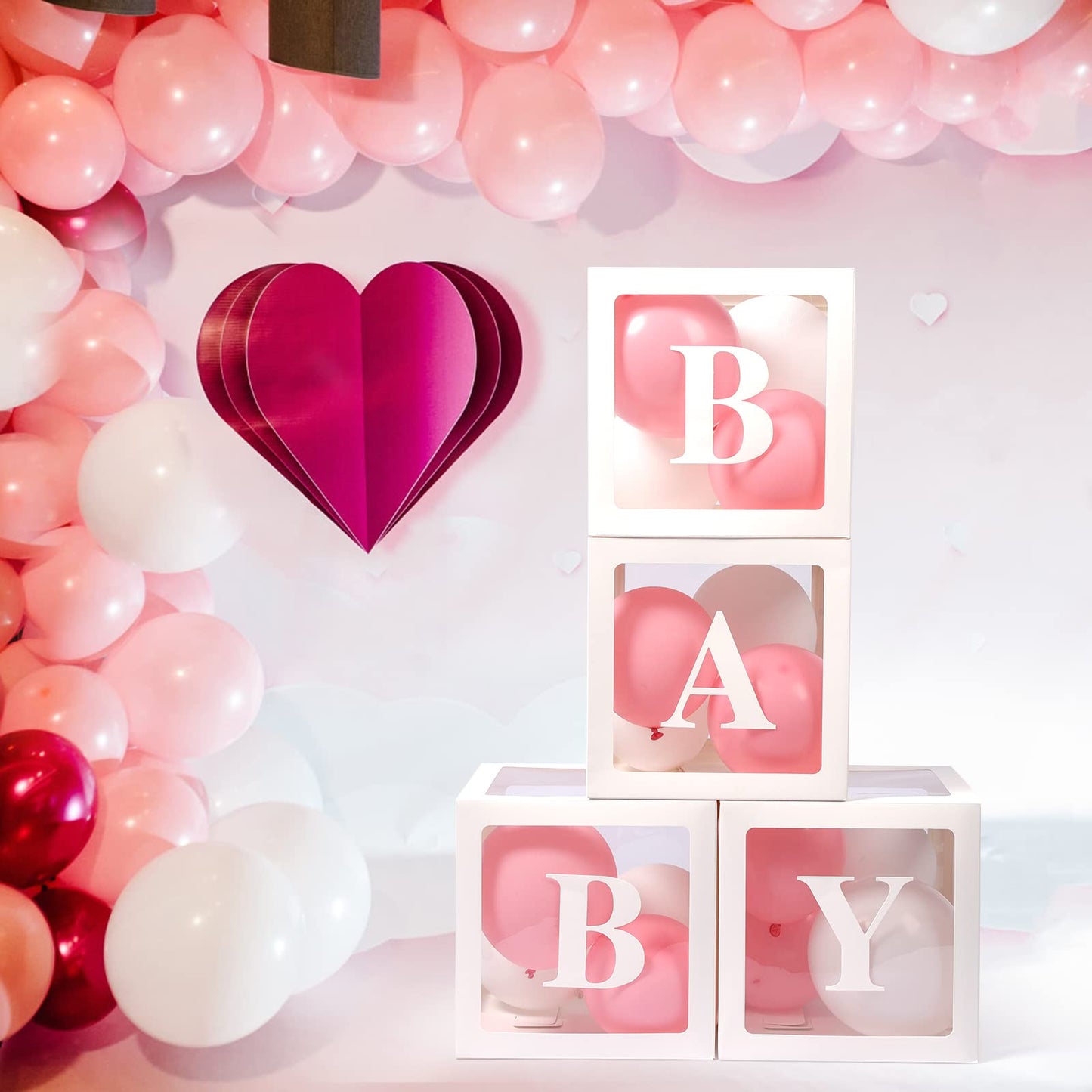 Baby Boxes with Letters for Baby Shower, 4 Transparent Balloon Boxes with Letters for Gender Reveal Birthday Wedding Baby Shower Decorations (White)
