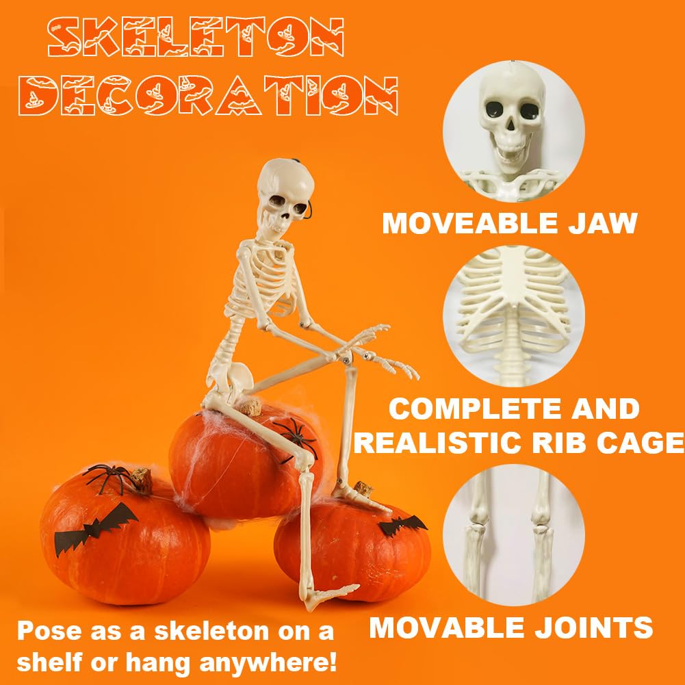 5 Packs Halloween Skeleton Decorations, 16" Halloween Full Body Mini Skeleton with Movable Posable Joints, Spooky Plastic Skeleton for Yard Garden Lawn Haunted House Graveyard Props Decor