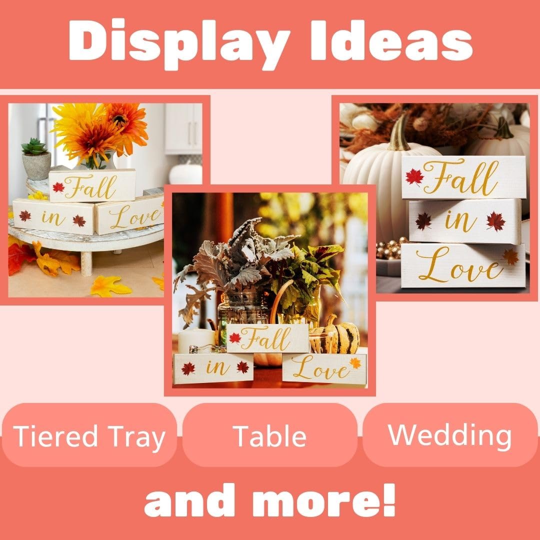 Fall in Love Wooden Blocks - Fall Decor, Wedding and Bridal Showers, Thanksgiving and Harvest Displays, Fall Tiered Tray Decoration - Made in USA