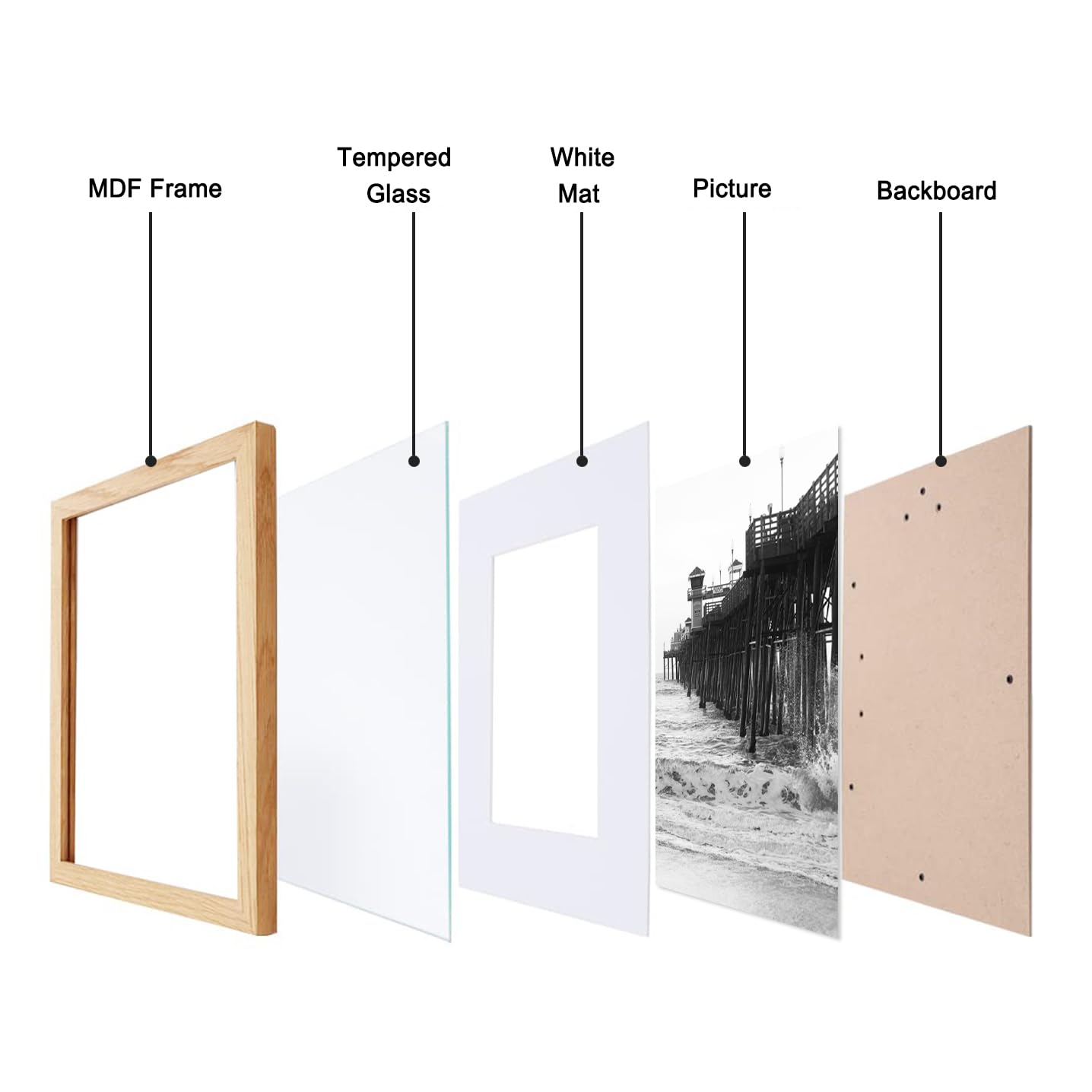TKYGU 5x7 Natural picture frame with mat 4x6 set of 4, Modern Style Wood Composite frames-Tempered Glass Table or wall-horizontal or vertical frames best gift home decor