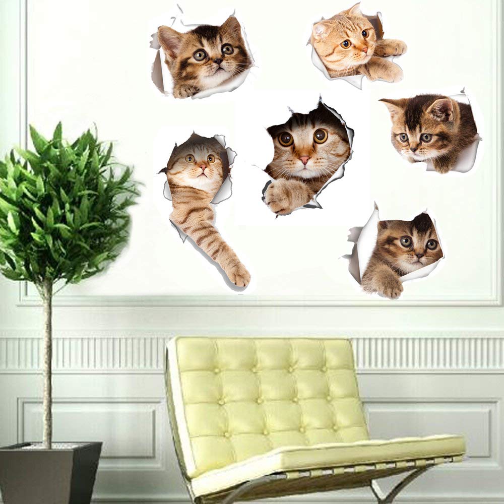 6PCS 3D Wall Stickers Cats Self Adhesive, Kids Wall Decals/Removable Vinyl Art Murals for Living Room Baby Rooms Bedroom Toilet House Wall DIY Decoration