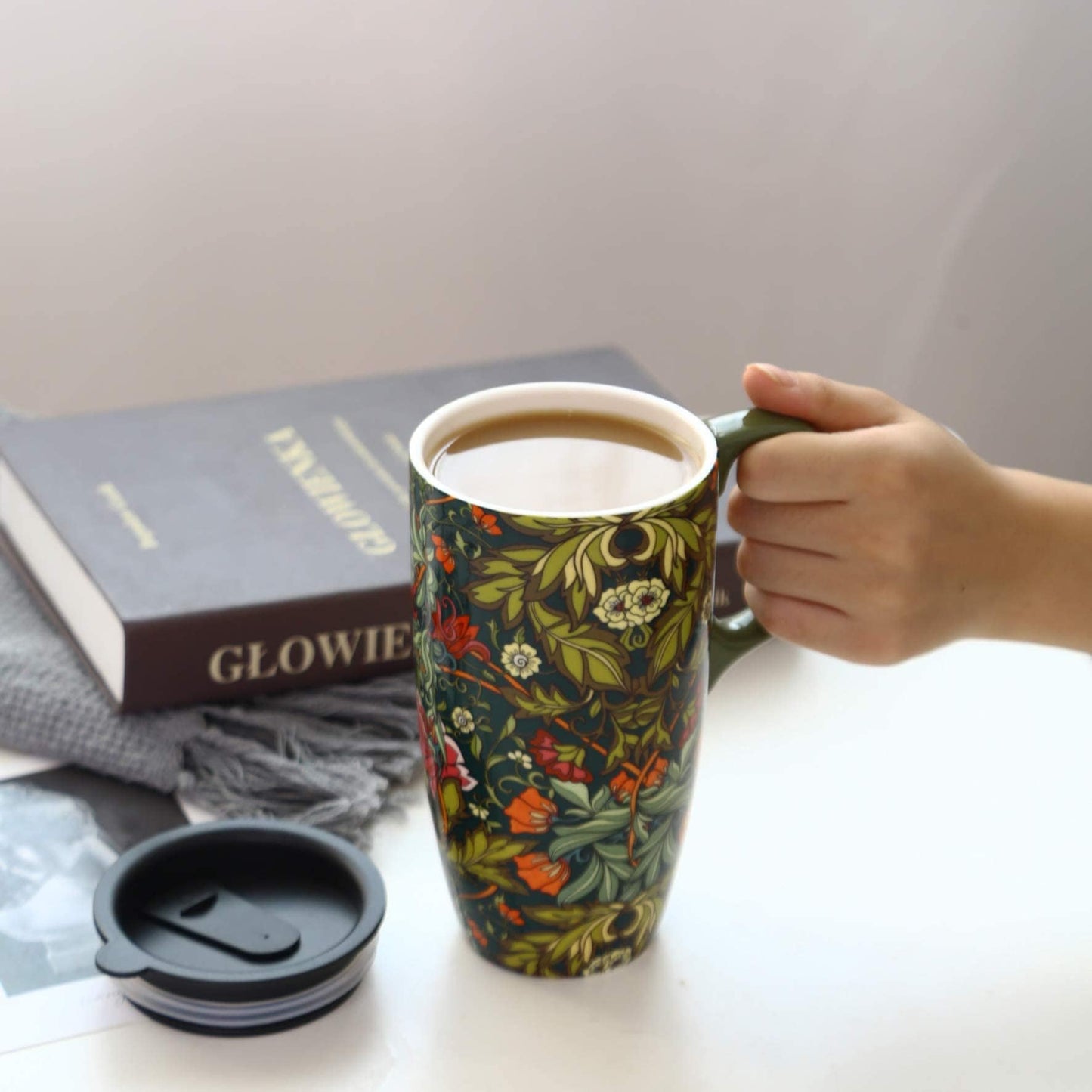 Coffee Ceramic Mug Porcelain Latte Tea Cup With Lid 17oz. Green