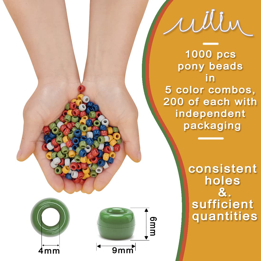 MIIIM 1000PCS 6x9mm Pony Beads Bulk, 5 Styles Kandi Beads for Bracelets Making Kit, Hair Braids Crafts for Jewelry Making (Earth)