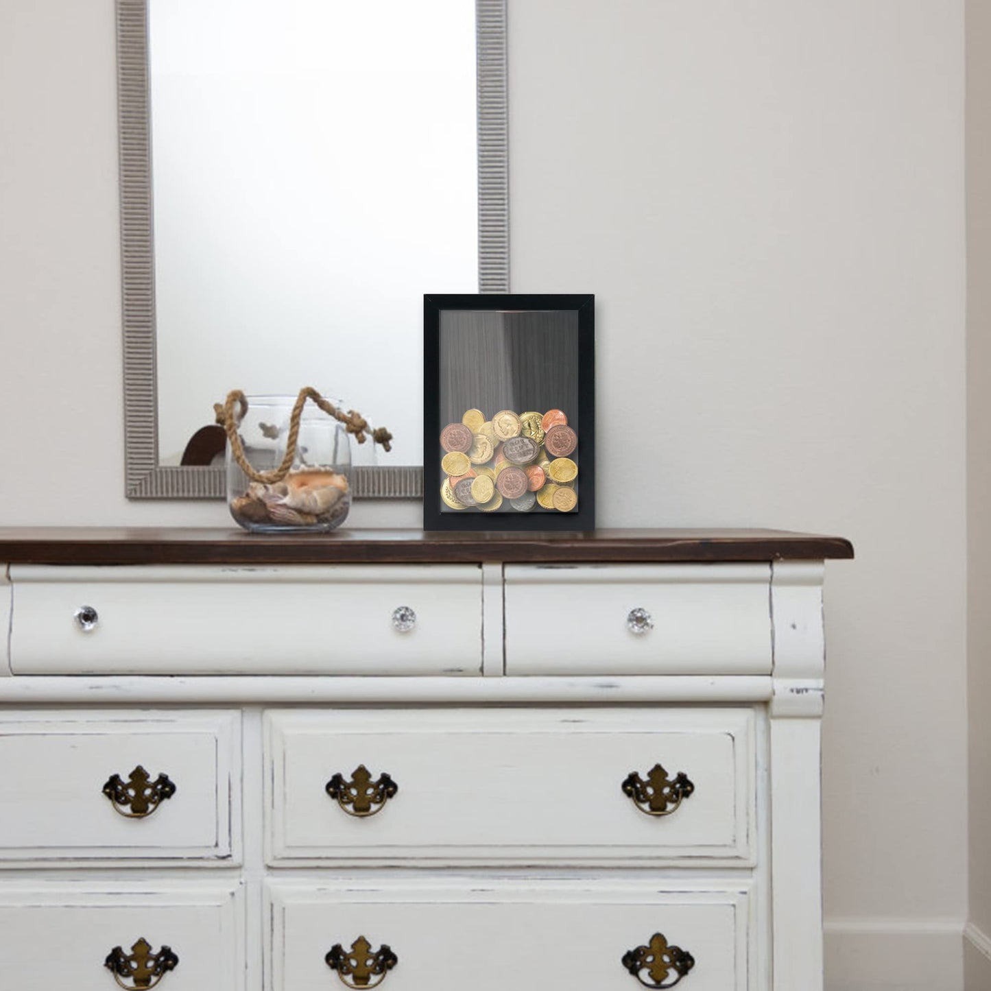 5x7 Top Loading Shadow Box Frame with HD Glass,Wood Display Case with Slot,1.25 inches Interior Depth,Ideal for Wine Bottle Caps,Tickets,Shells,Stamps and More,Black