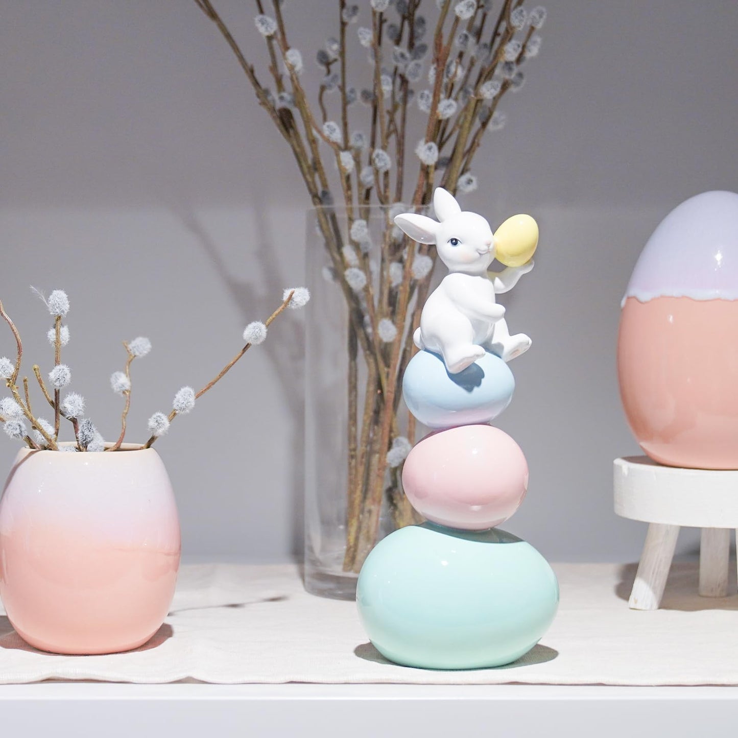Easter-Decorations - Cute Bunny Decor - Rabbit Figurine - Table Centerpiece - Spring Rabbit Sitting Egg Tower Figure Bunny Sulpture for Indoor Home Farmhouse Decor 4.25*3.25*10 in Newman House Studio