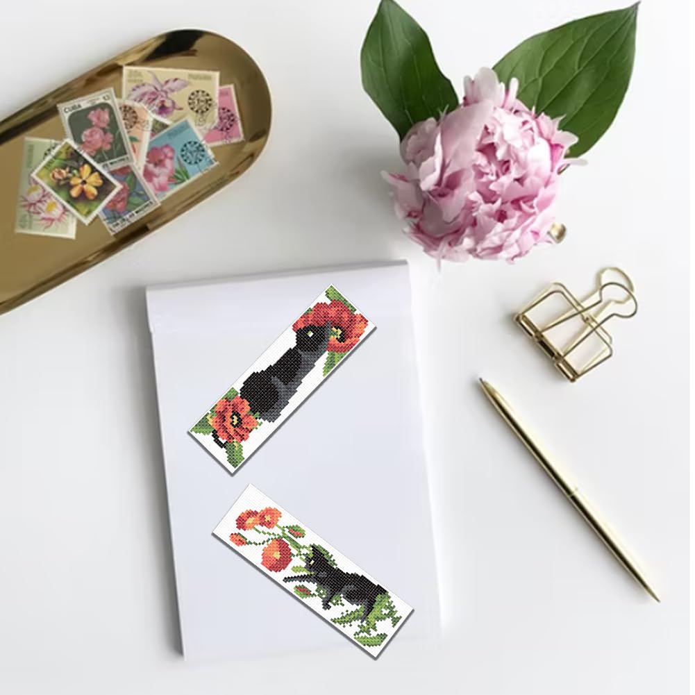 6Pcs Cross Stitch Bookmark Kits Cat Stamped Embroidery Bookmarks Beginner Embroidery Kit with Instructions Counted Cross Stitch Kit for Hand Embroidery Adults