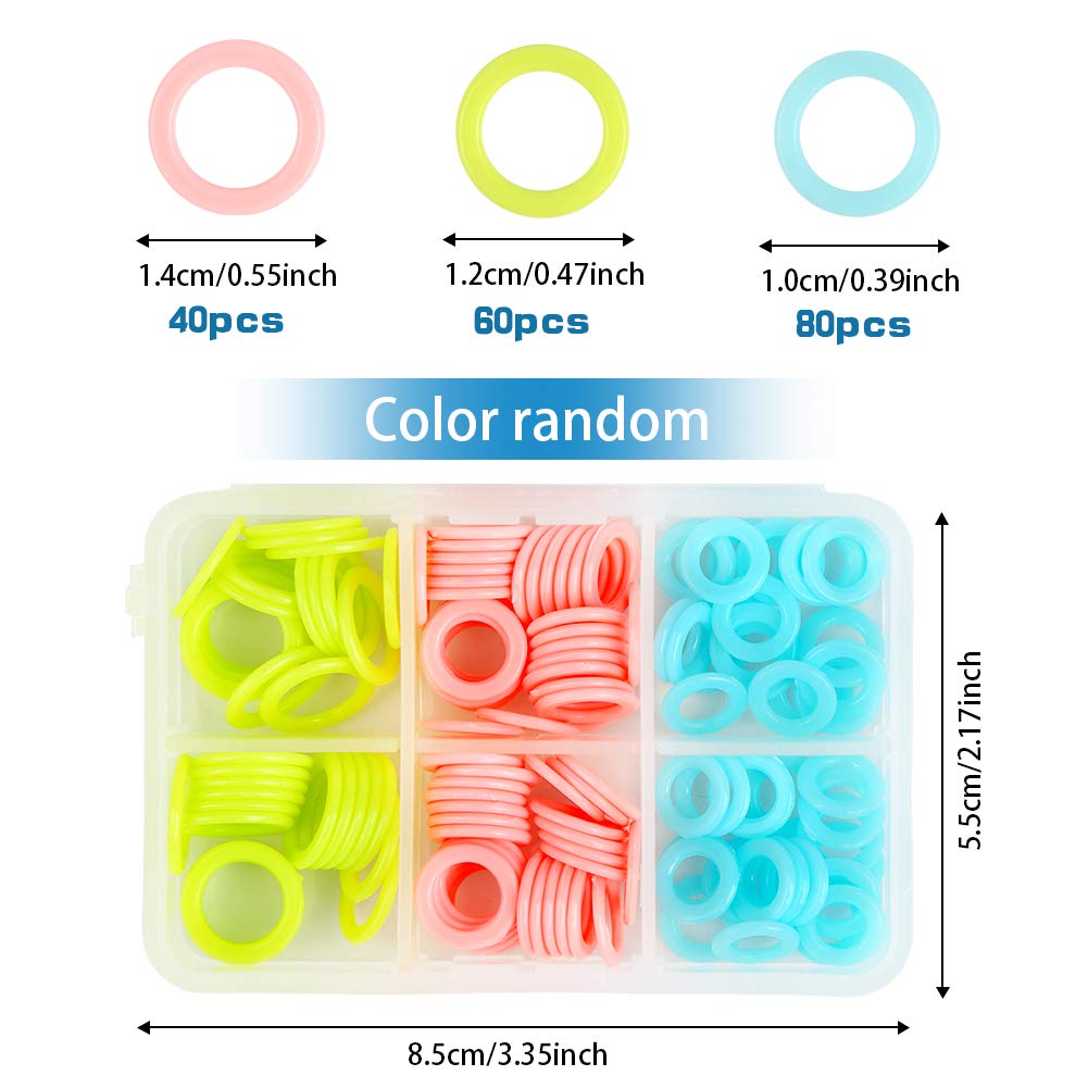 LUNARM 180 Pieces Knit Knitting Random Colored Stitch Markers Rings(S/M/L), Crochet Locking Stitch Markers Knitting Stitch Counter Needle Clip with Storage Box