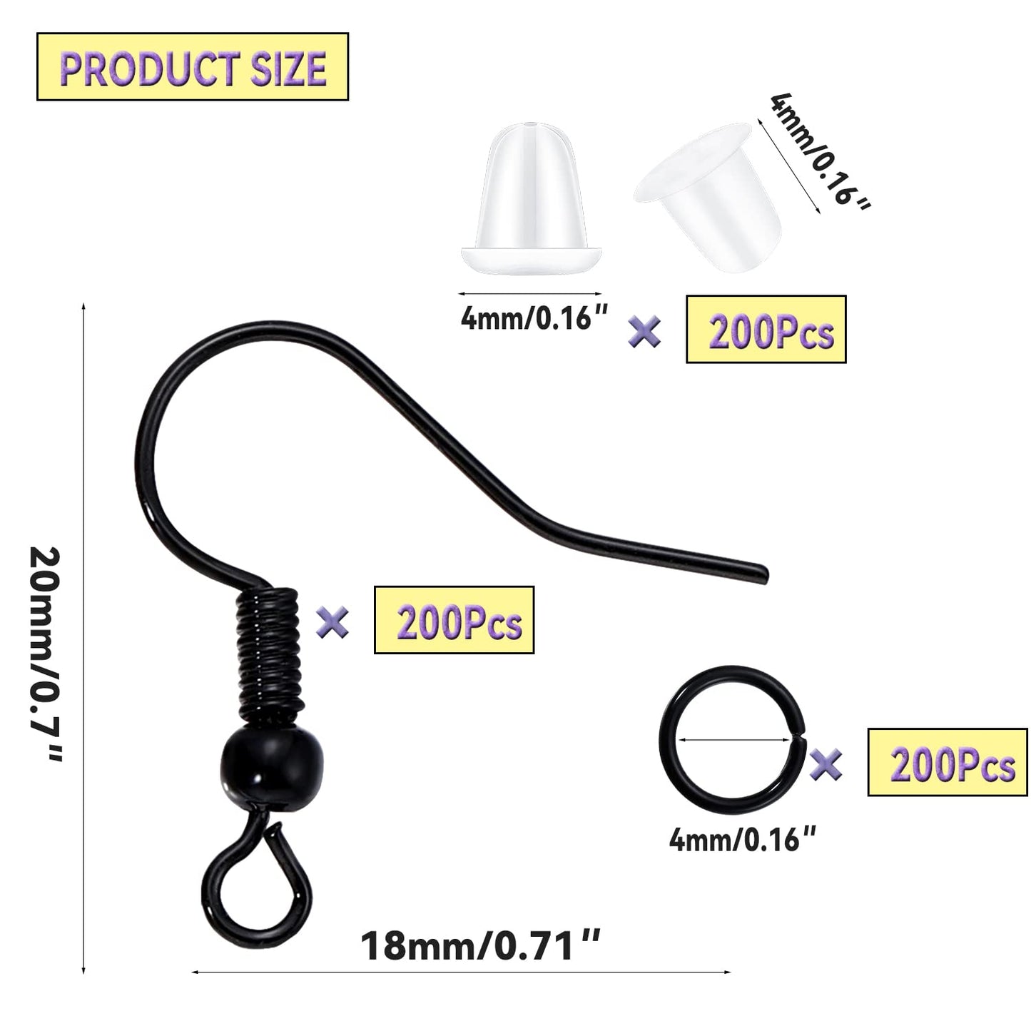 600Pcs Hypoallergenic Black Earring Hooks, Making Kit With Backs and Jump Rings for Jewelry Making Supplies (Black)