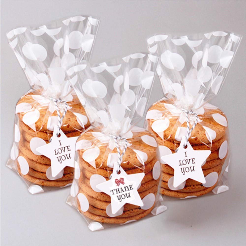 JOERSH 8.1" x 5" Bottom Gusset Clear Plastic Cookie Bags with Ties 200 Pack, White Polka Dots Pattern Small Candy Bags Treat Bags for Muffin Bakery Packaging