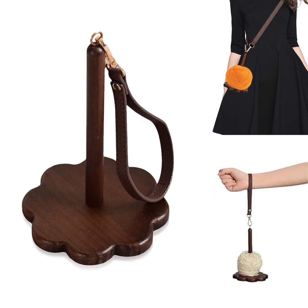 Wrist Yarn Holder - Portable Wooden Yarn Holder with Leather Wristband and Shoulder Strap, Yarn Spinner and Ball Minder Stand for Crocheting, Knitting Accessories Organizer(B)